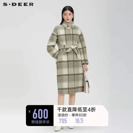 sdeer圣迪奥女装立领格纹收腰长款毛呢大衣S223Z2506图片