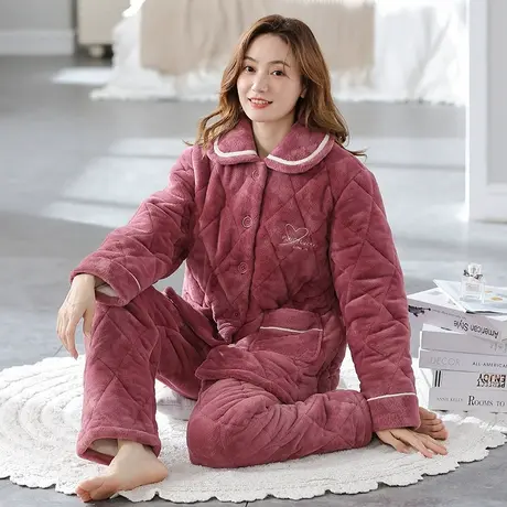 婷美冬天睡衣女加绒加厚高档夹棉保暖珊瑚绒冬季家居服法兰绒套装商品大图