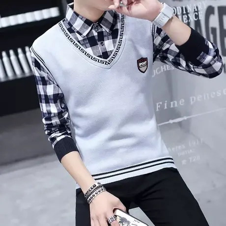 秋冬季毛衣男士假两件针织打底衫加绒加厚羊毛衫带领冬装保暖上衣商品大图