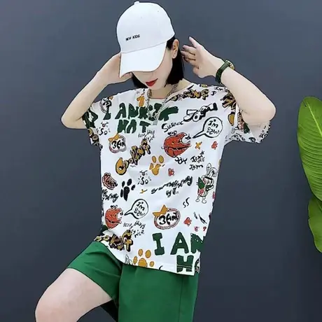 大版中长款短袖t恤女夏宽松bf慵懒风2021年新款洋气减龄涂鸦上衣商品大图