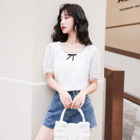 时尚甜美蕾丝花边短袖衬衫2023年夏季新款淑女温柔显瘦方领雪纺衫图片