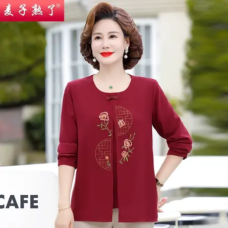 2023秋季新款妈妈装假两件绣花上衣服阔太太中老年人女装T恤衬衫商品大图