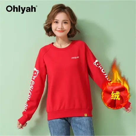 Ohlyah品牌 加绒卫衣女ins潮圣诞新年情侣装红色长袖学生班服定制商品大图