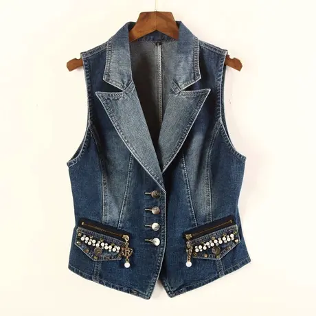 牛仔马甲女短款修身韩版夏新款春秋无袖外套背心西装领钉珠马夹OL商品大图