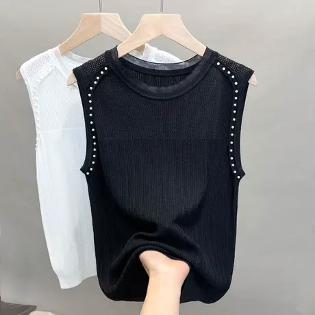 钉珠冰丝针织衫女2023春夏秋新款镂空内搭打底衫外穿薄无袖上衣潮商品大图