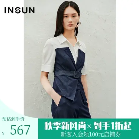 恩裳2023年夏款新款设计感定制天丝牛仔撞色拼接系带衬衫商品大图