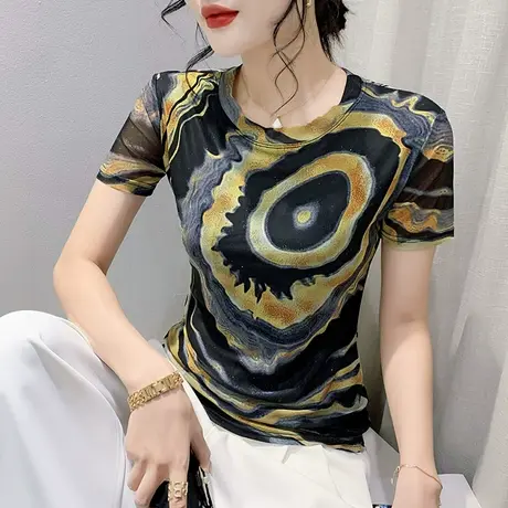 2023夏装新款设计感印花短袖T恤女士性感网纱小衫修身显瘦上衣潮商品大图