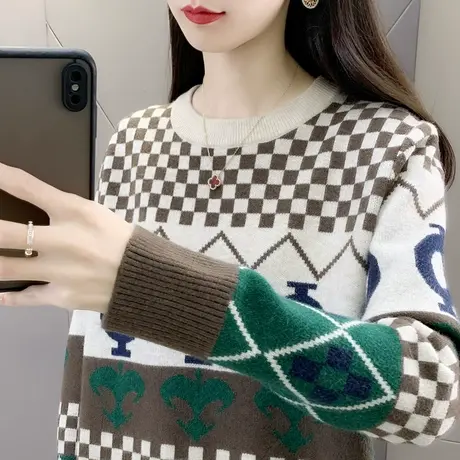 冬季女士棋盘格毛衣女加厚秋冬2022新款爆款时尚洋气针织打底衫女商品大图