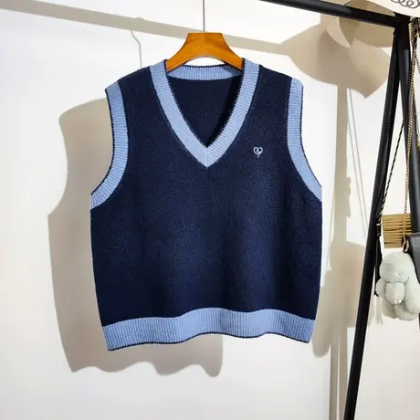 学院风v领撞色针织马甲女秋冬新款韩系宽松叠穿毛衣背心坎肩外套商品大图