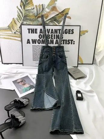 韩版排扣牛仔背带裙2023秋季新款显瘦百搭高腰减龄连体喇叭吊带裤图片