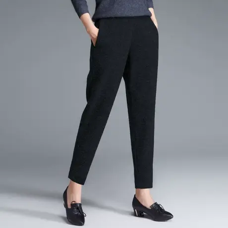 黑色加绒裤子女冬季2023新款秋冬针织萝卜哈伦裤休闲九分裤毛呢裤商品大图