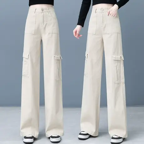 牛仔工装裤女春秋季2023宽松显瘦大口袋阔腿裤浅色休闲垂感拖地裤图片