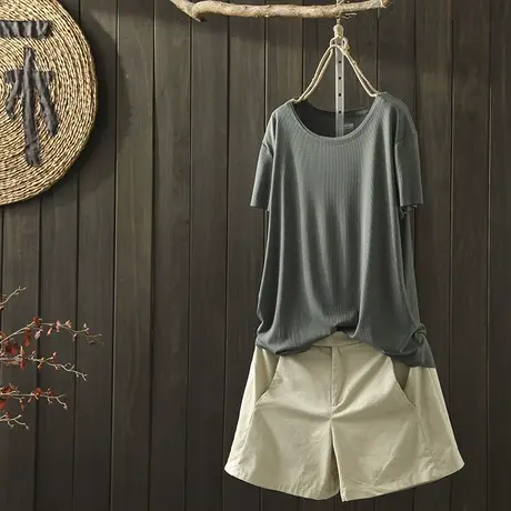 枫谜2020年夏季新款文艺简约糖果色纯棉短袖T恤女弹力休闲上衣图片