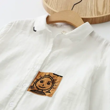 春装简约文艺双层纱纯棉贴布刺绣白色衬衫女长袖学生百搭打底衬衣商品大图