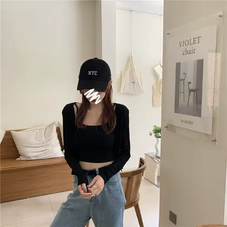 黑色短款开衫外套女春秋2023年新款休闲百搭上衣打底小背心两件套图片