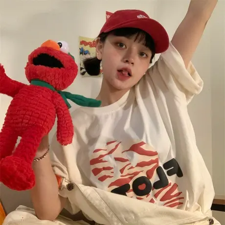 红续小众设计感发泡立体字母宽松圆领短袖t恤女ins潮2023夏季新款商品大图