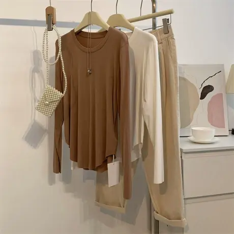 莫代尔下摆圆弧长袖打底衫女纯色秋季弹力瑜伽服舞蹈服练功集训服商品大图