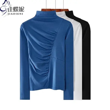 秋冬新款韩版半高领修身纯棉纯色褶皱长袖体恤上衣内搭打底衫女装商品大图