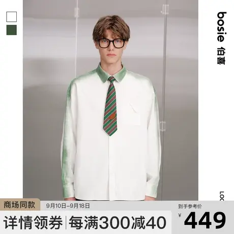 【商场同款】bosie2023秋季新款长袖衬衫男情侣复古学院领带衬衫商品大图