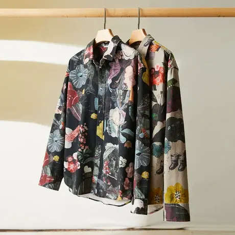 全棉长袖衬衫男加厚秋季休闲男士纯棉免烫水洗印花衬衣宽松外套潮商品大图