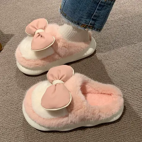 温柔软糯少女粉毛绒绒拖鞋女冬气质居家蝴蝶结甜美厚底棉拖鞋家用商品大图