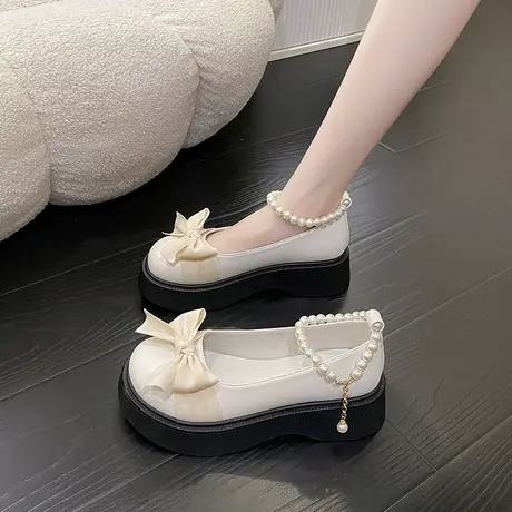 日系白色玛丽珍单鞋女2023新款厚底珍珠小皮鞋女蝴蝶结lolita鞋子商品大图