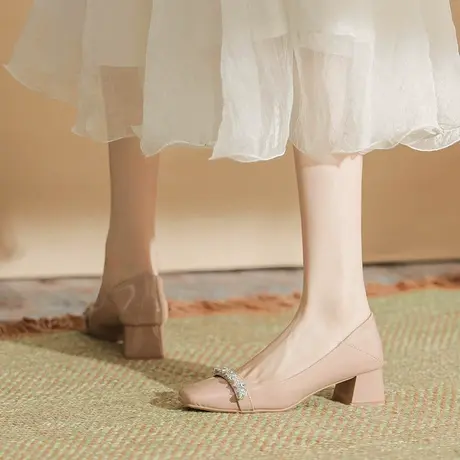 2023年夏季新款法式水钻气质纯色单鞋女方头浅口粗跟高跟鞋不累脚图片