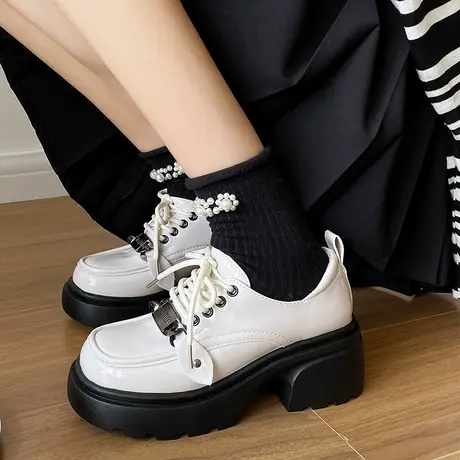 甜酷ins潮小皮鞋女2023夏季新款厚底时尚百搭单鞋系带学生乐福鞋图片