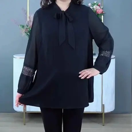 轻熟风蕾丝拼接胖妈妈春装气质显瘦大码上衣女宽松遮肉衬衫衬衣潮商品大图