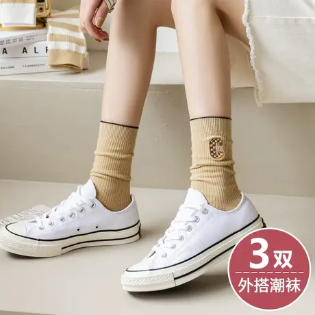 浅咖卡其色条纹袜子女春秋款中长筒潮棉袜搭配板鞋小白鞋穿的娃子商品大图