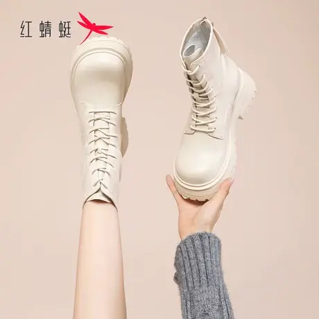 红蜻蜓白色欧洲站马丁靴女2023秋冬新款ins英伦风靴子厚底短靴潮商品大图