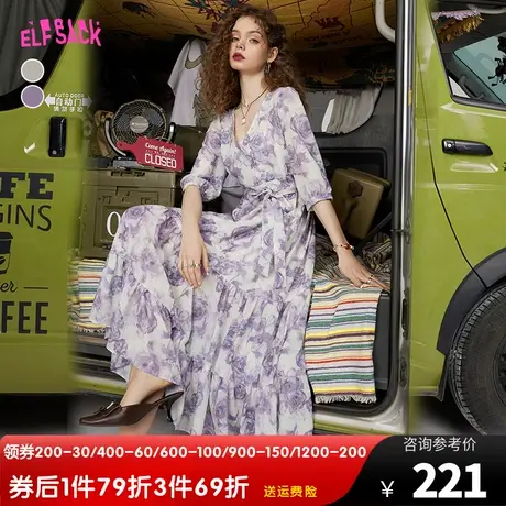 妖精的口袋紫色v领短袖雪纺连衣裙女2023秋新款收腰茶歇显瘦气质商品大图