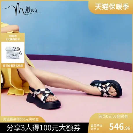 妙丽羊皮云朵时尚休闲通勤厚底撞色棋盘格女凉鞋真皮百搭SFE06BL2图片