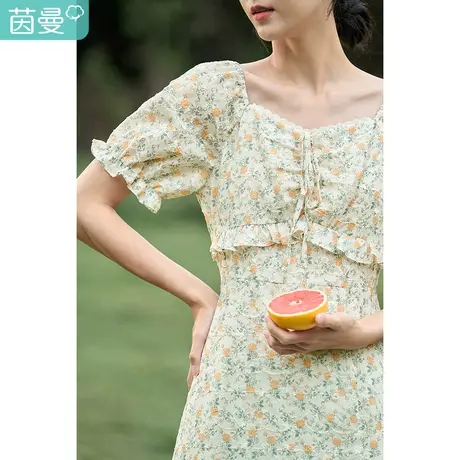 茵曼提花印花法式方领连衣裙女2023夏季新款花苞袖开衩花边伞裙子商品大图