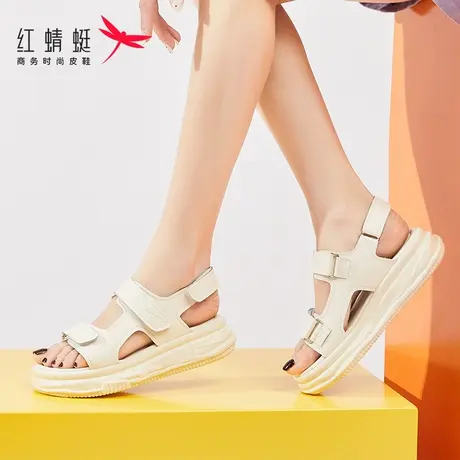 红蜻蜓夏季新款凉鞋女平底2023年防滑女士妈妈鞋魔术贴松糕沙滩鞋商品大图