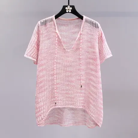 V领镂空短袖针织衫女夏季2023新款日系宽松洋气减龄薄款罩衫上衣商品大图