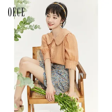 Oece设计感别致上衣2022夏装新款女装法式复古花边娃娃领短袖上衣图片