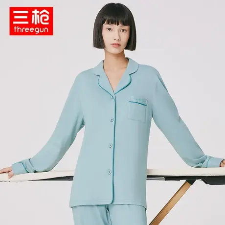 三枪家居服女纯棉秋冬水柔棉长袖长裤翻领开襟纽扣子睡衣睡裤套装图片