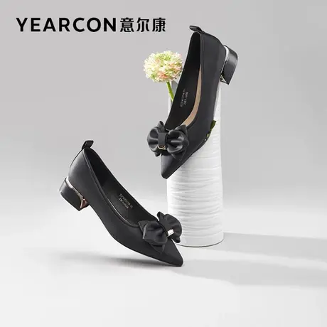意尔康女鞋2023春季新款中跟单鞋女蝴蝶结小皮鞋女士尖头浅口粗跟商品大图