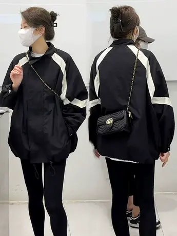 2023春秋新款黑白撞色宽松显瘦立领拉链冲锋衣棒球服夹克风衣外套商品大图