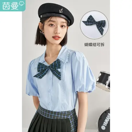 茵曼花边翻领衬衫女2023夏季新款气质泡泡袖蝴蝶结宽松新疆棉衬衣商品大图