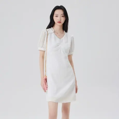 艾莱依法式修身连衣裙女夏季新款v领提花温柔白色泡泡袖收腰裙子图片