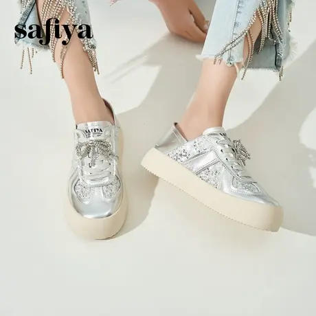 Safiya索菲娅透气亮片蝴蝶结松糕厚底休闲面包板鞋女银色德训鞋子商品大图