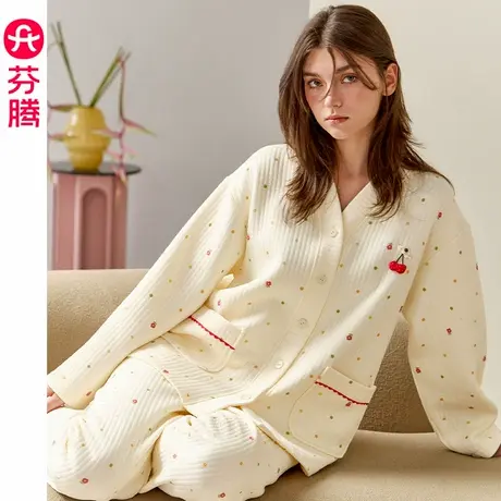 芬腾睡衣女纯棉秋冬空气棉夹层长袖开衫套装宽松加厚加大码家居服商品大图