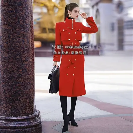 VJE秋冬女装英伦风保暖过膝长款大衣双排扣可脱卸领口外套图片