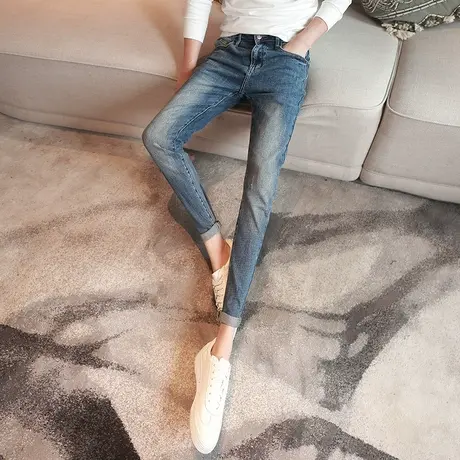 2023秋冬装修身小脚蓝色刮烂牛仔长裤子男韩版修身小脚铅笔长裤潮商品大图