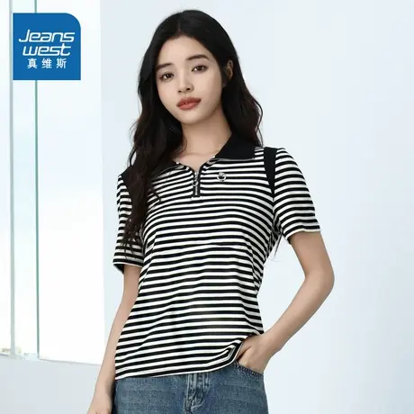 G8真维斯女装条纹短袖POLO衫 2025夏季新品 时尚翻领半开襟上衣图片