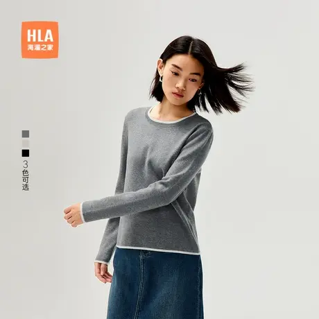 HLA/海澜之家撞色圆领针织衫秋新款黑色通勤直筒保暖套头毛衣女装商品大图