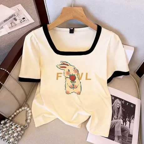 夏胖mm显瘦方领短款T恤女修身大领口上衣潮ins慵懒风百搭撞色短袖商品大图