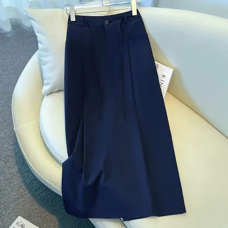 拉夏贝尔藏青色a字半身裙女夏季薄款2025新款显瘦抽绳直筒包臀裙图片